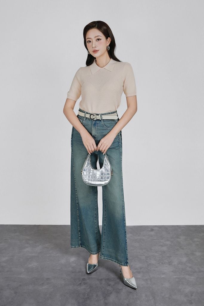 FOL565 - Áo len dệt kim vải len cao cấp dáng suông cổ bẻ tay ngắn thời trang - PANTIO