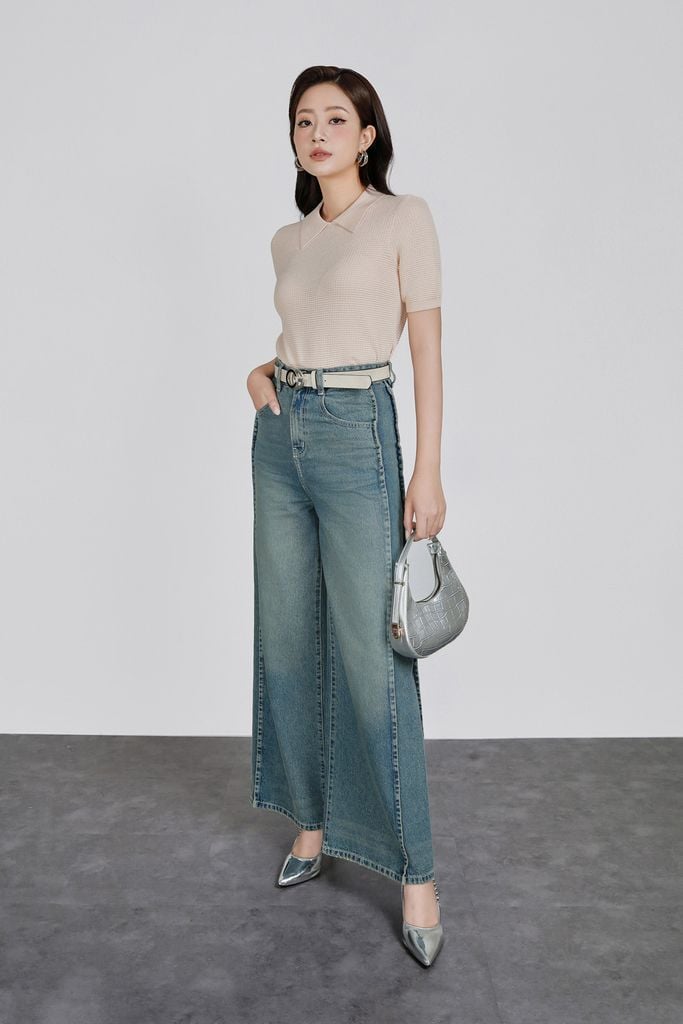 FOL565 - Áo len dệt kim vải len cao cấp dáng suông cổ bẻ tay ngắn thời trang - PANTIO