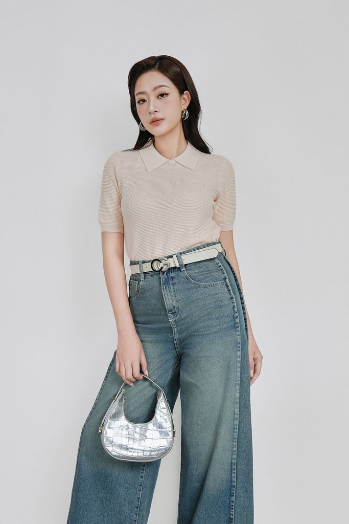 FOL565 - Áo len dệt kim vải len cao cấp dáng suông cổ bẻ tay ngắn thời trang - PANTIO