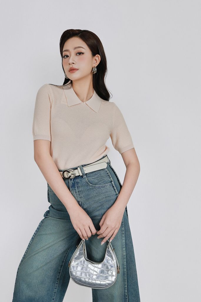 FOL565 - Áo len dệt kim vải len cao cấp dáng suông cổ bẻ tay ngắn thời trang - PANTIO