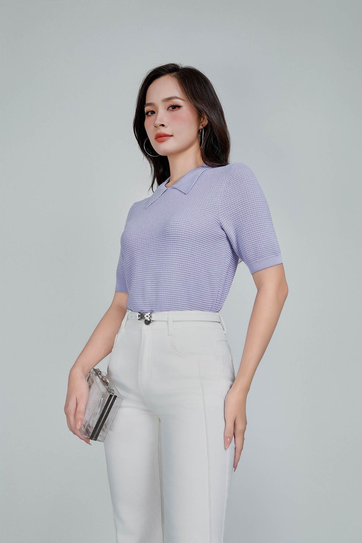 FOL565 - Áo len dệt kim vải len cao cấp dáng suông cổ bẻ tay ngắn thời trang - PANTIO