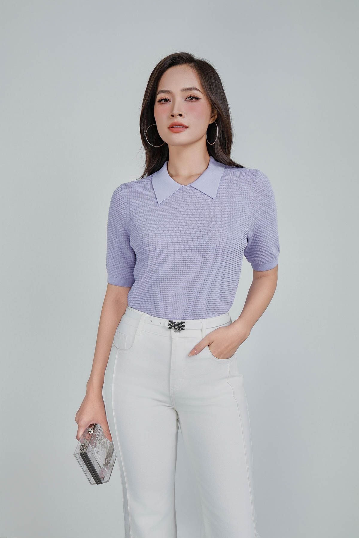 FOL565 - Áo len dệt kim vải len cao cấp dáng suông cổ bẻ tay ngắn thời trang - PANTIO