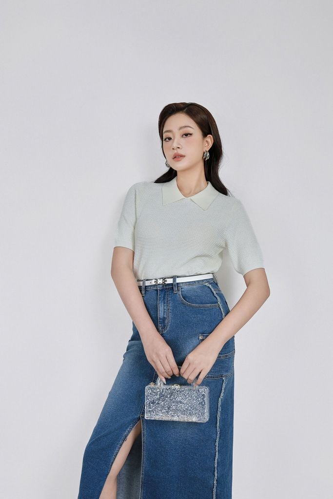 FOL565 - Áo len dệt kim vải len cao cấp dáng suông cổ bẻ tay ngắn thời trang - PANTIO