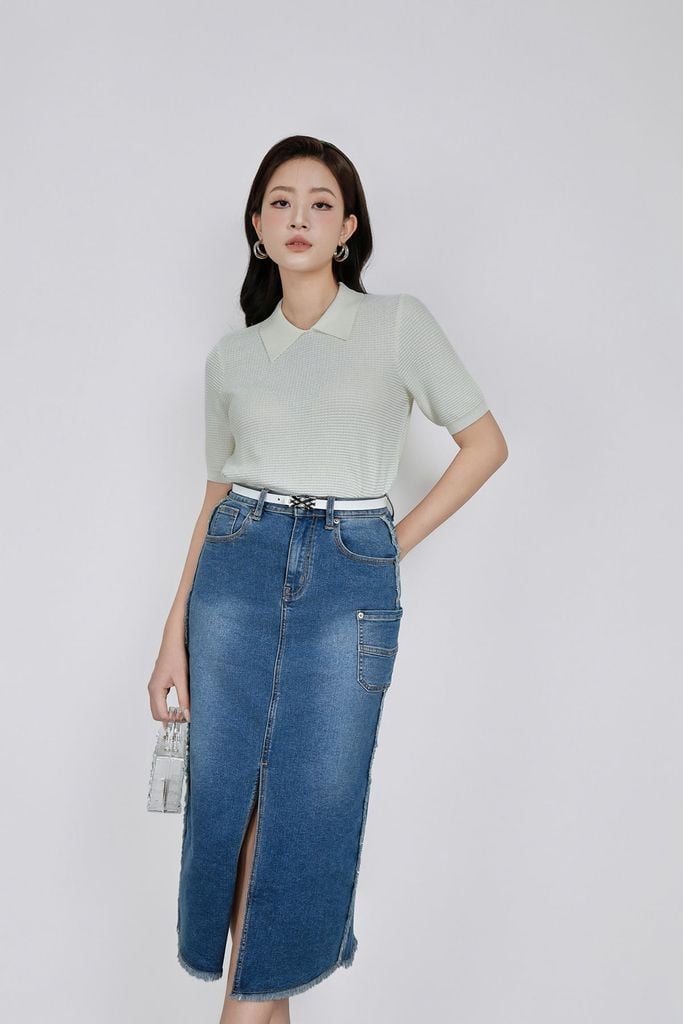 FOL565 - Áo len dệt kim vải len cao cấp dáng suông cổ bẻ tay ngắn thời trang - PANTIO