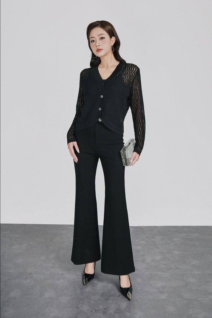 FQD51060 - Quần công sở vải cotton dáng ôm ống loe cạp phối mặt kim loại trang trí khóa thân sau - PANTIO