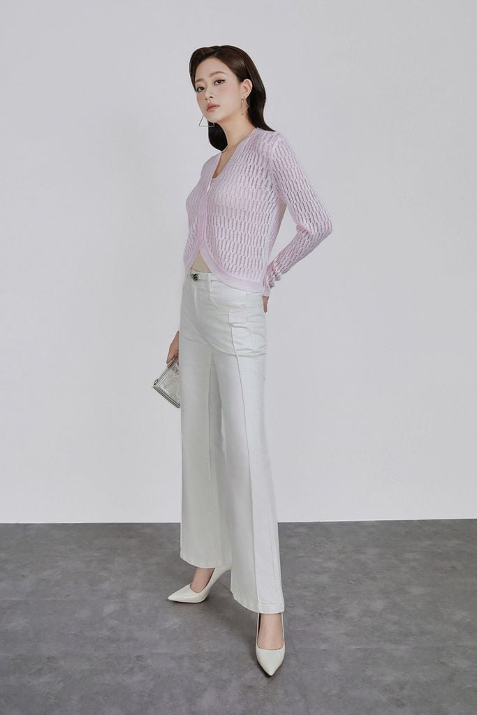 FOL569 - Áo len cao cấp vải len mỏng dáng ôm cổ xẻ V thân áo phối khuy đá thời trang - PANTIO