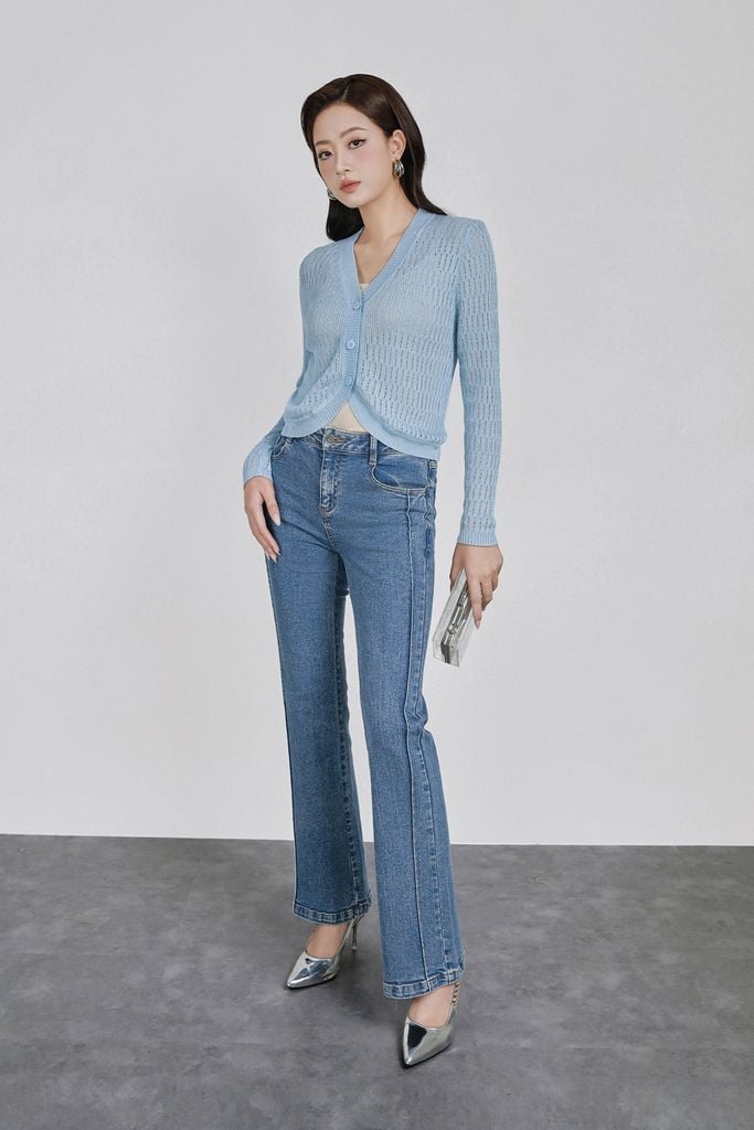 FOL569 - Áo len cao cấp vải len mỏng dáng ôm cổ xẻ V thân áo phối khuy đá thời trang - PANTIO