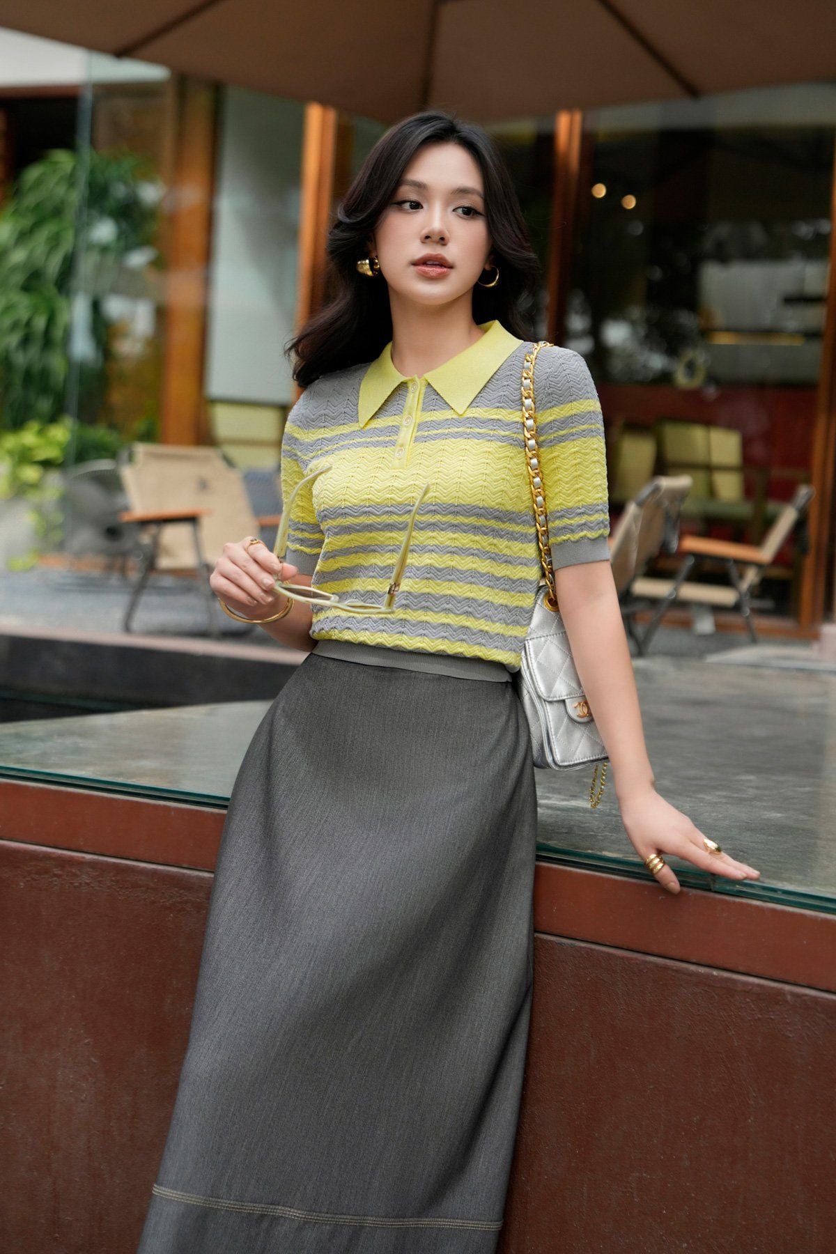 FOL571 - Áo len dệt kim vải len cao cấp dáng suông cổ bẻ hoạ tiết kẻ ngang thời trang gấu áo ôm co giãn - PANTIO