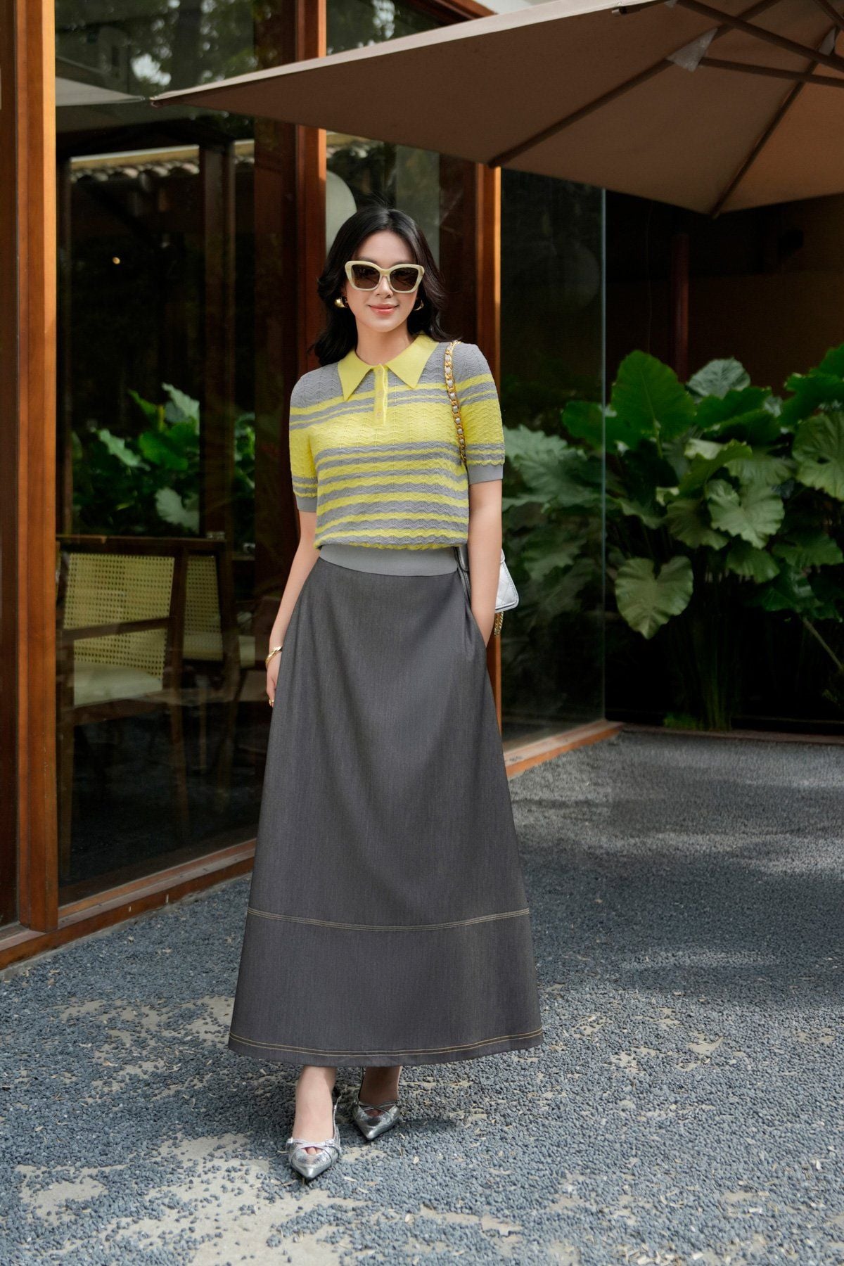 FJD33450 - Chân váy dài vải demin dáng A cạp sau phối chun gấu váy có hoạ tiết đường chỉ - PANTIO