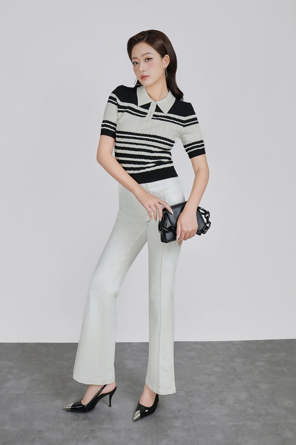 FOL571 - Áo len dệt kim vải len cao cấp dáng suông cổ bẻ hoạ tiết kẻ ngang thời trang gấu áo ôm co giãn - PANTIO