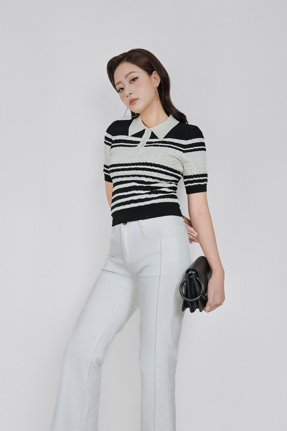 FOL571 - Áo len dệt kim vải len cao cấp dáng suông cổ bẻ hoạ tiết kẻ ngang thời trang gấu áo ôm co giãn - PANTIO