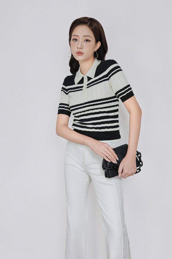 FOL571 - Áo len dệt kim vải len cao cấp dáng suông cổ bẻ hoạ tiết kẻ ngang thời trang gấu áo ôm co giãn - PANTIO