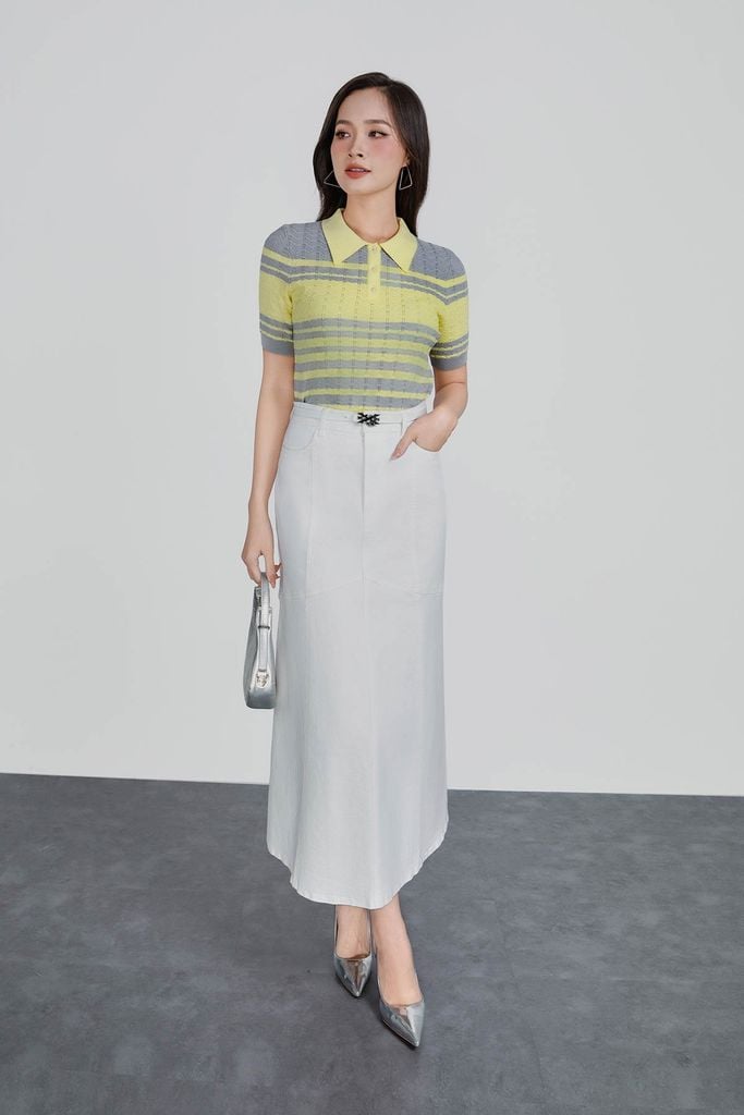 FOL571 - Áo len dệt kim vải len cao cấp dáng suông cổ bẻ hoạ tiết kẻ ngang thời trang gấu áo ôm co giãn - PANTIO