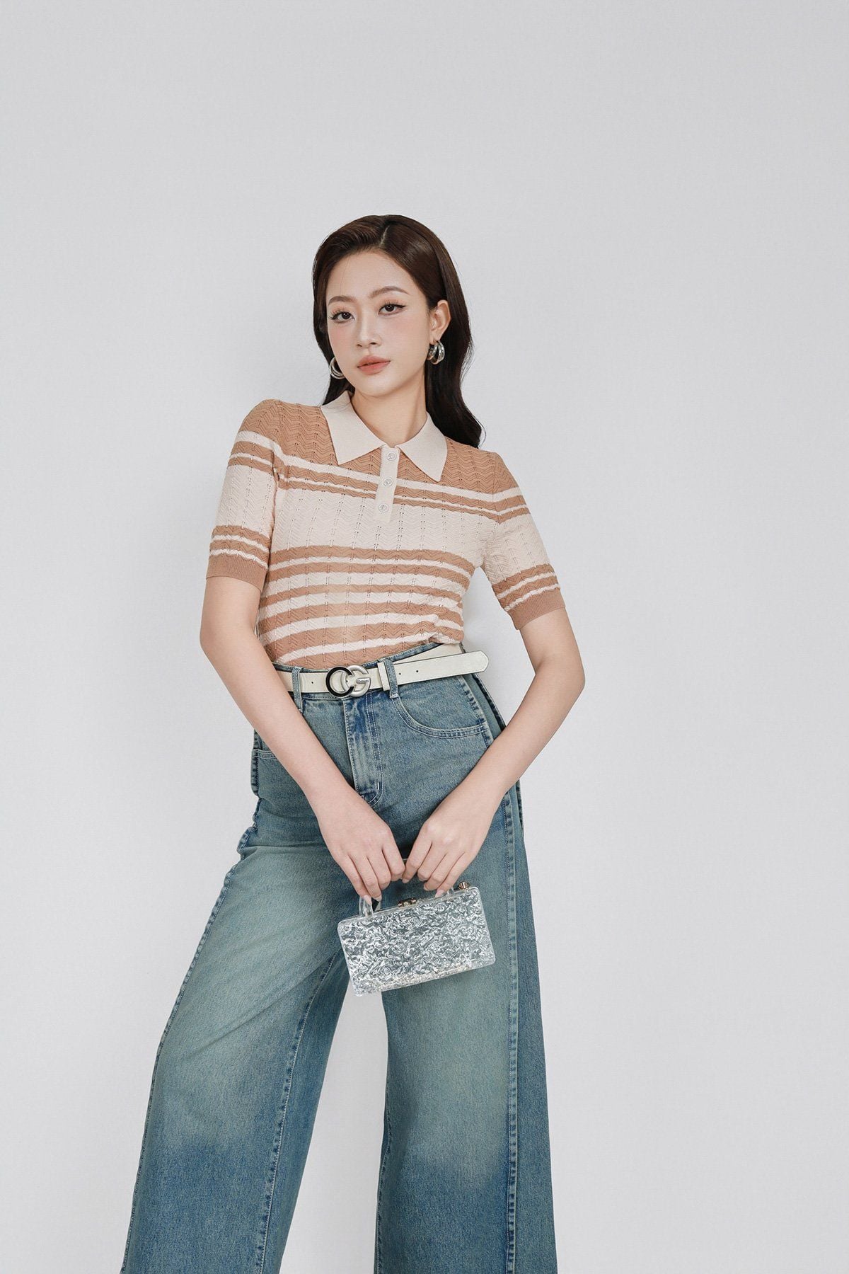 FOL571 - Áo len dệt kim vải len cao cấp dáng suông cổ bẻ hoạ tiết kẻ ngang thời trang gấu áo ôm co giãn - PANTIO