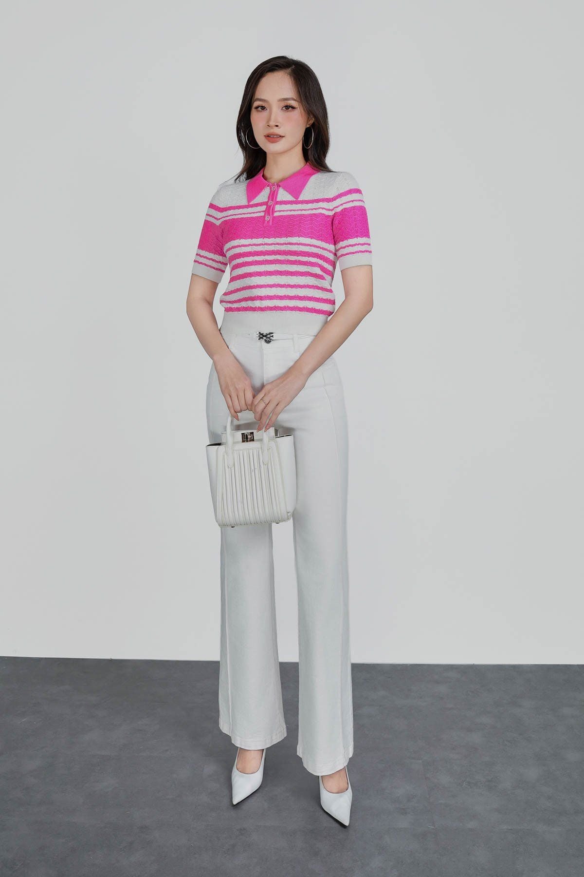 FOL571 - Áo len dệt kim vải len cao cấp dáng suông cổ bẻ hoạ tiết kẻ ngang thời trang gấu áo ôm co giãn - PANTIO