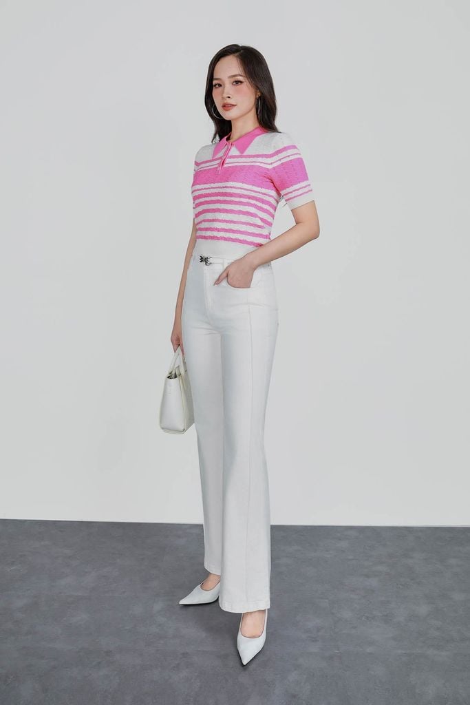 FOL571 - Áo len dệt kim vải len cao cấp dáng suông cổ bẻ hoạ tiết kẻ ngang thời trang gấu áo ôm co giãn - PANTIO