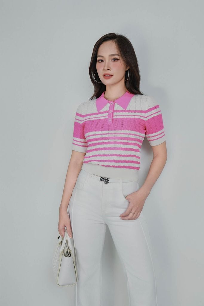 FOL571 - Áo len dệt kim vải len cao cấp dáng suông cổ bẻ hoạ tiết kẻ ngang thời trang gấu áo ôm co giãn - PANTIO