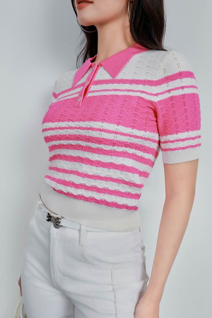 FOL571 - Áo len dệt kim vải len cao cấp dáng suông cổ bẻ hoạ tiết kẻ ngang thời trang gấu áo ôm co giãn - PANTIO