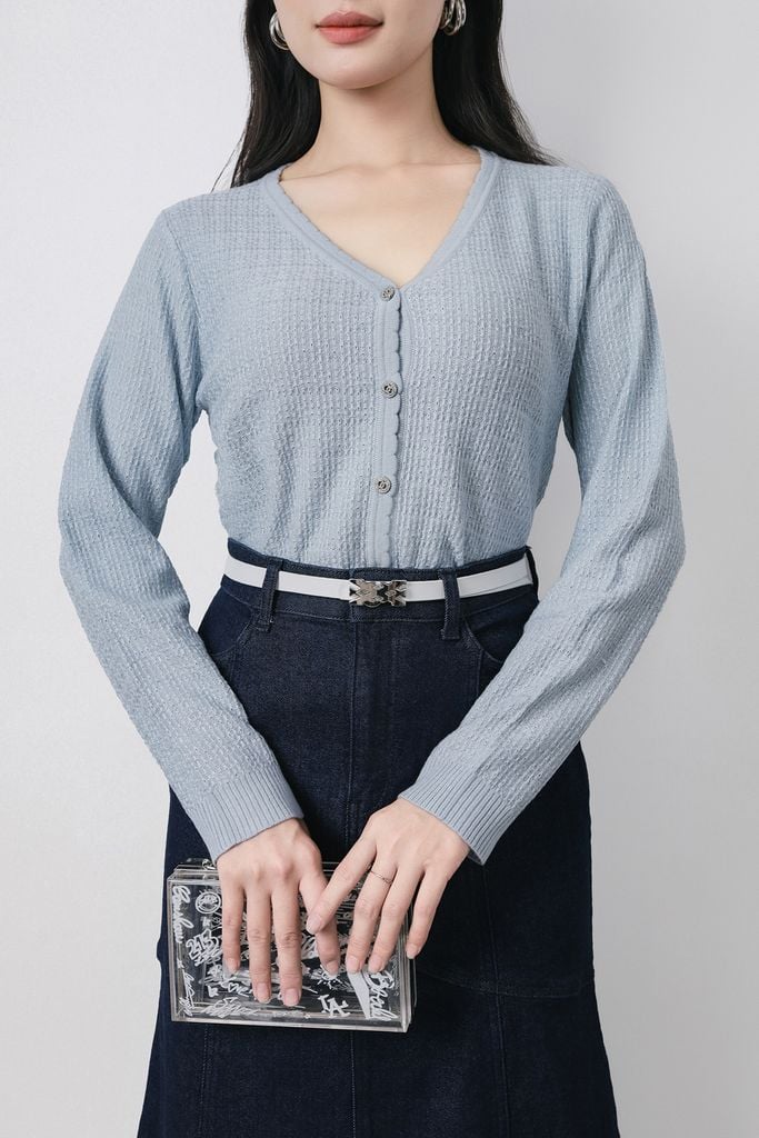 FOL572 - Áo len dệt kim cao cấp dáng suông cổ xẻ V tay dài thân áo phối khuy đá thời trang - PANTIO