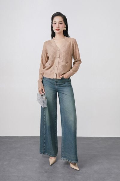 FOL574 - Áo len dệt kim cao cấp dáng suông cổ V thân áo hoạ tiết kẻ trám phối khuy đá thời trang có túi áo - PANTIO