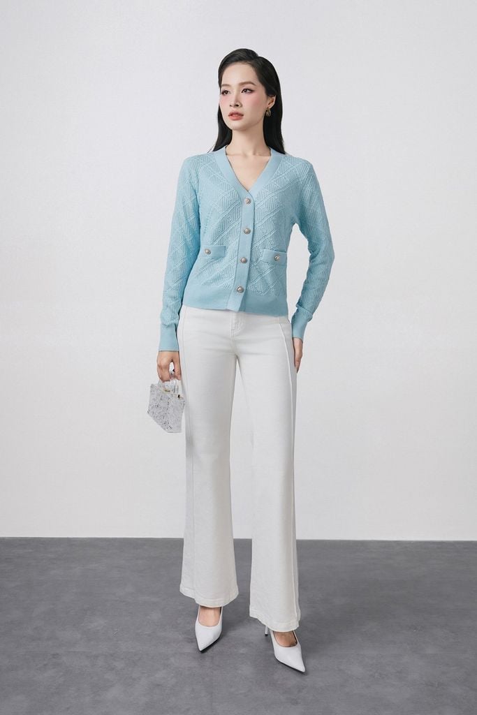 FOL574 - Áo len dệt kim cao cấp dáng suông cổ V thân áo hoạ tiết kẻ trám phối khuy đá thời trang có túi áo - PANTIO