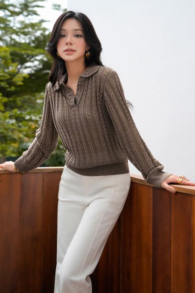 FOL576 - Áo len dệt kim cao cấp dáng suông cổ bẻ tay dài gấu áo bo chun - PANTIO