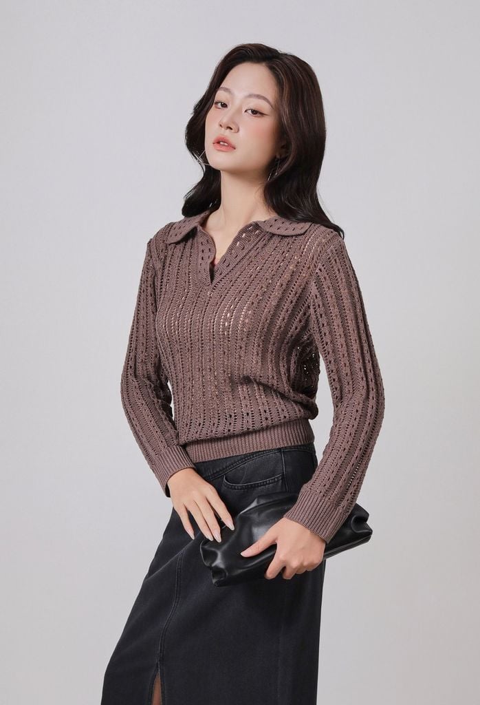 FOL576 - Áo len dệt kim cao cấp dáng suông cổ bẻ tay dài gấu áo bo chun - PANTIO