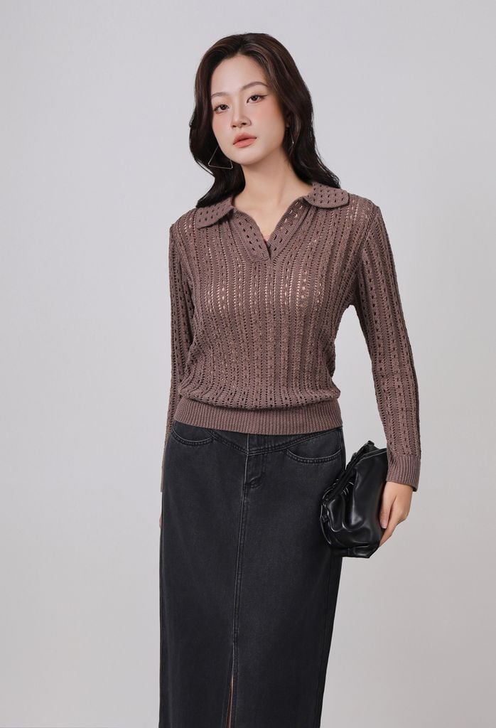 FOL576 - Áo len dệt kim cao cấp dáng suông cổ bẻ tay dài gấu áo bo chun - PANTIO