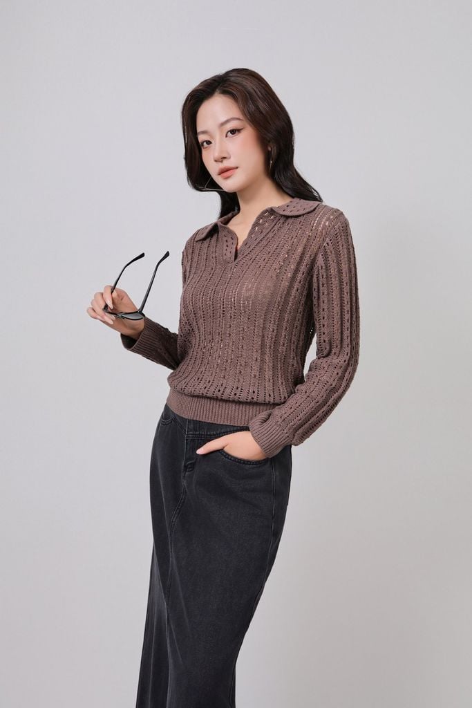 FOL576 - Áo len dệt kim cao cấp dáng suông cổ bẻ tay dài gấu áo bo chun - PANTIO