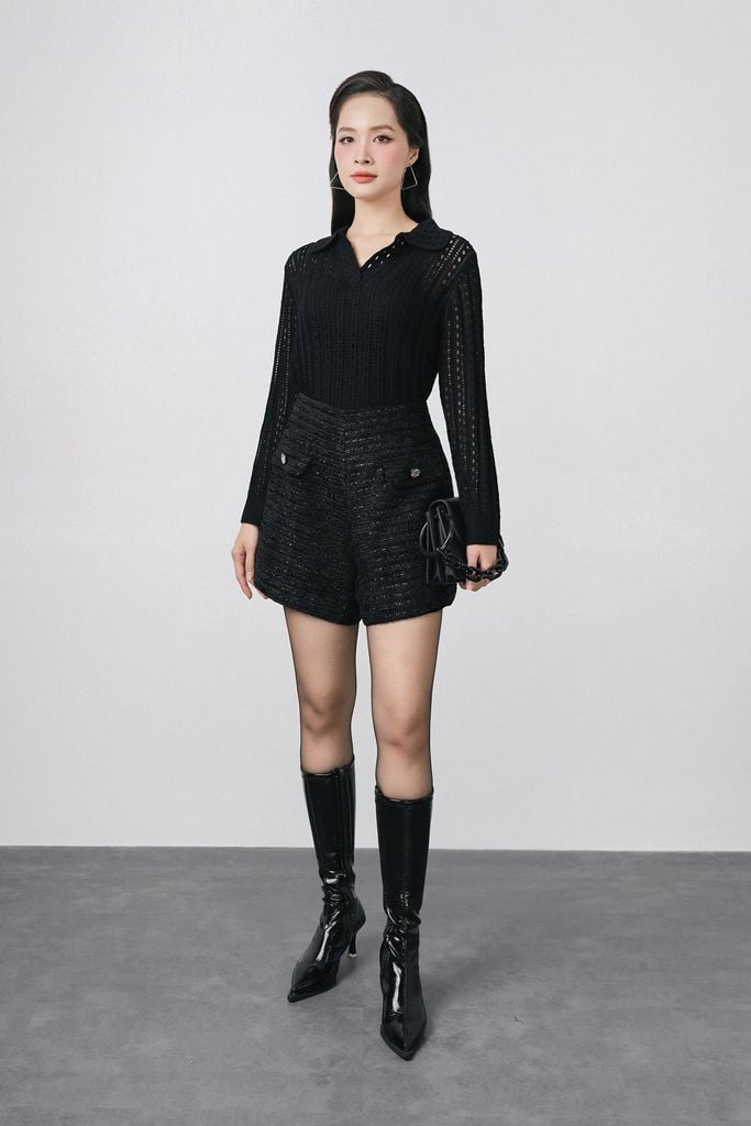 FOL576 - Áo len dệt kim cao cấp dáng suông cổ bẻ tay dài gấu áo bo chun - PANTIO