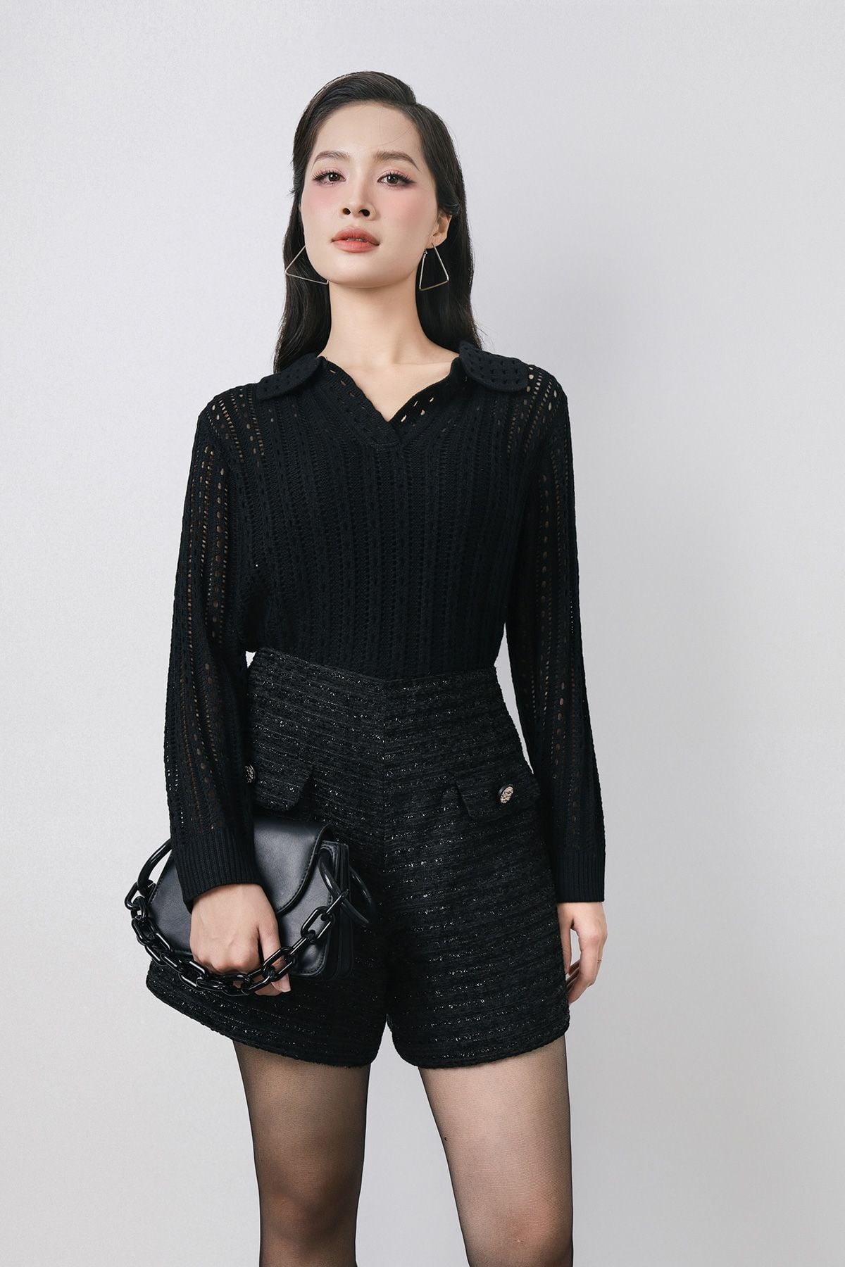 FOL576 - Áo len dệt kim cao cấp dáng suông cổ bẻ tay dài gấu áo bo chun - PANTIO