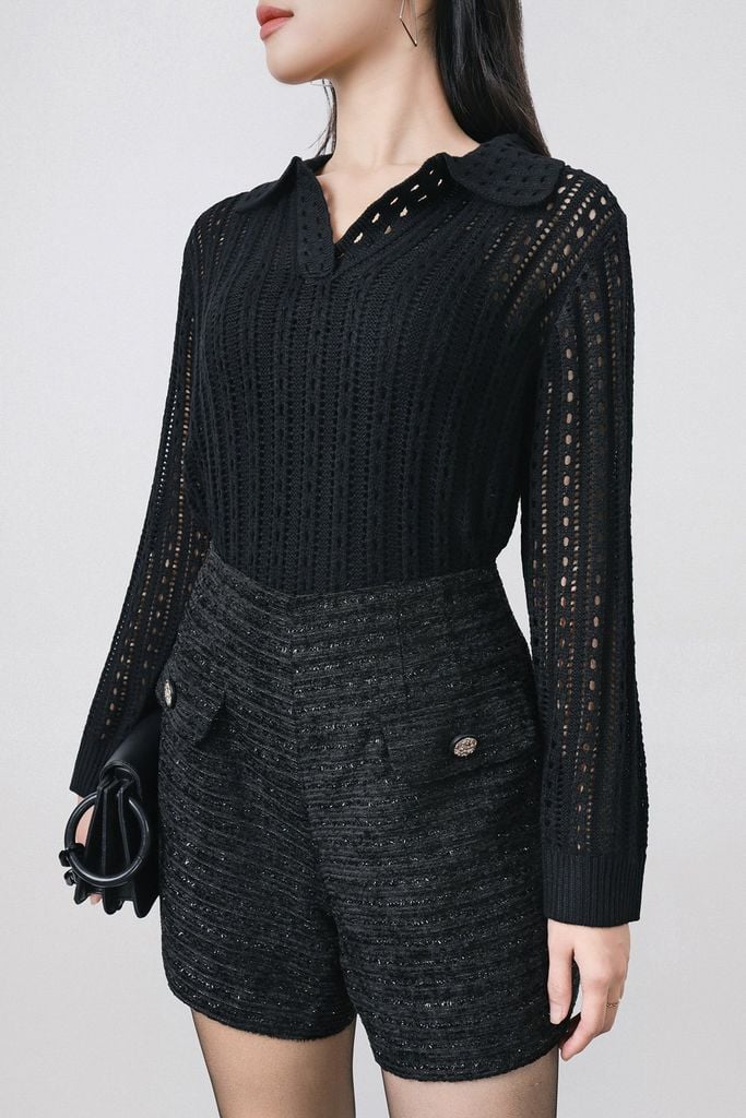 FOL576 - Áo len dệt kim cao cấp dáng suông cổ bẻ tay dài gấu áo bo chun - PANTIO