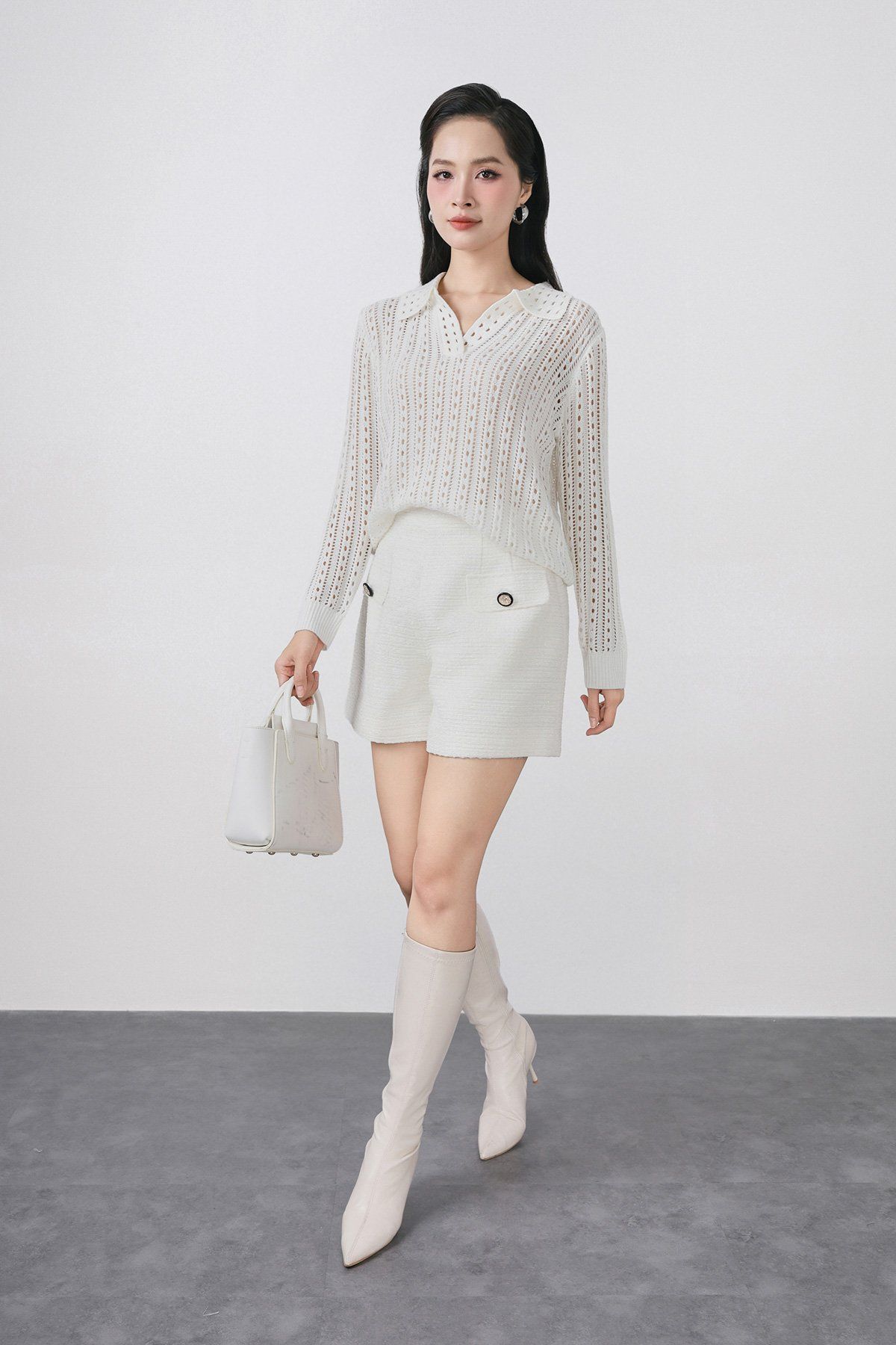 FOL576 - Áo len dệt kim cao cấp dáng suông cổ bẻ tay dài gấu áo bo chun - PANTIO