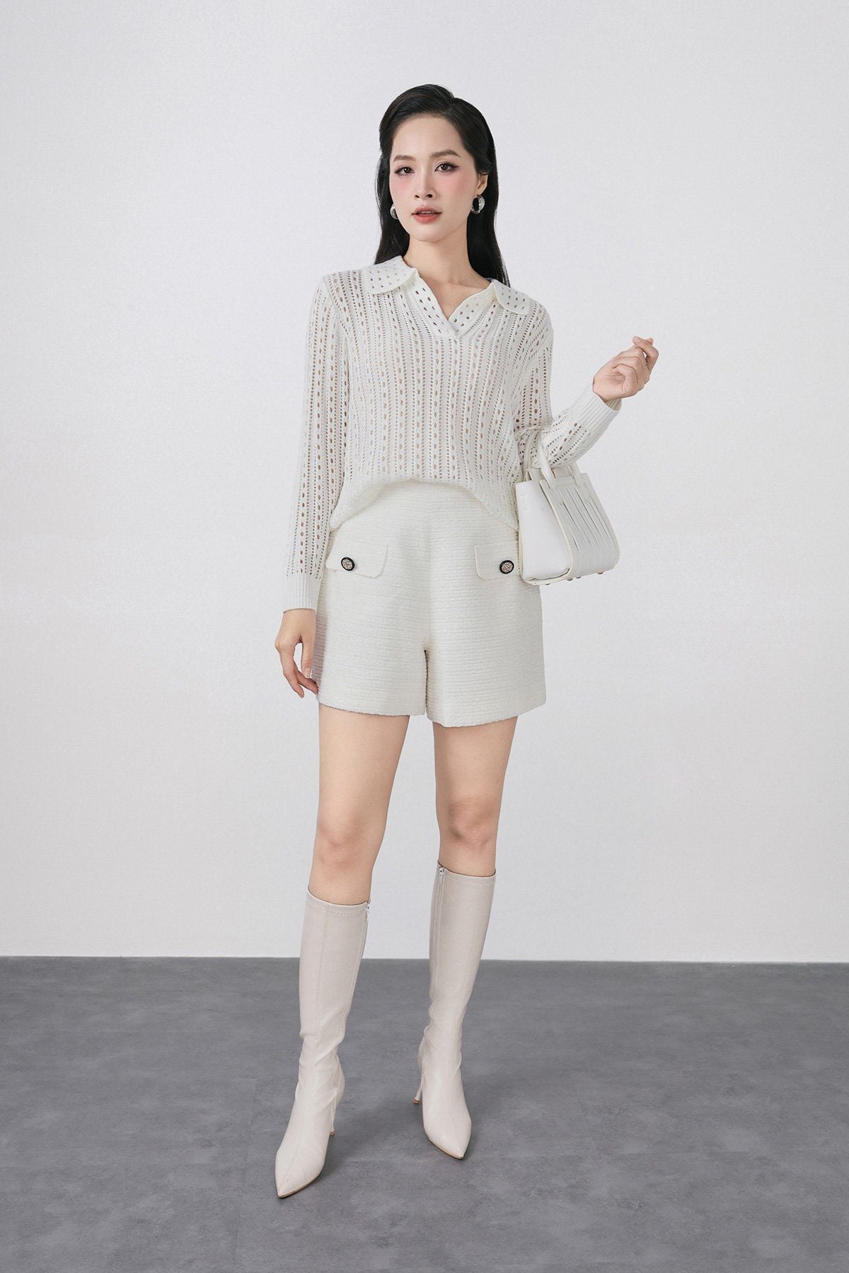 FOL576 - Áo len dệt kim cao cấp dáng suông cổ bẻ tay dài gấu áo bo chun - PANTIO