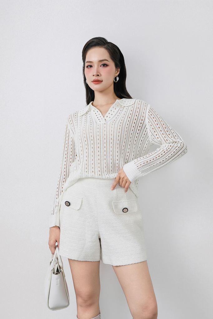 FOL576 - Áo len dệt kim cao cấp dáng suông cổ bẻ tay dài gấu áo bo chun - PANTIO