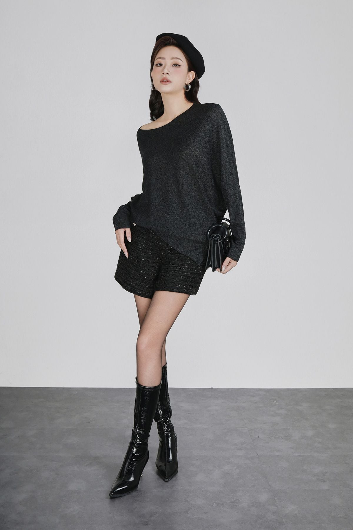 FOL578 - Áo len cao cấp dáng suông cổ thuyền tay cánh dơi tạo kiểu vạt áo bất đối xứng thời trang - PANTIO