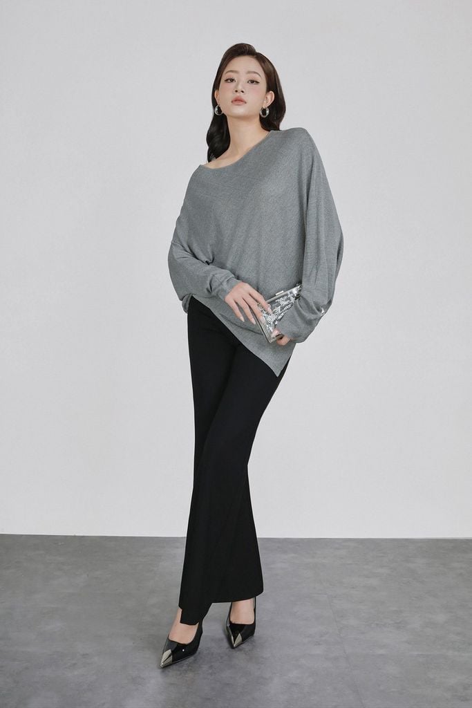 FOL578 - Áo len cao cấp dáng suông cổ thuyền tay cánh dơi tạo kiểu vạt áo bất đối xứng thời trang - PANTIO