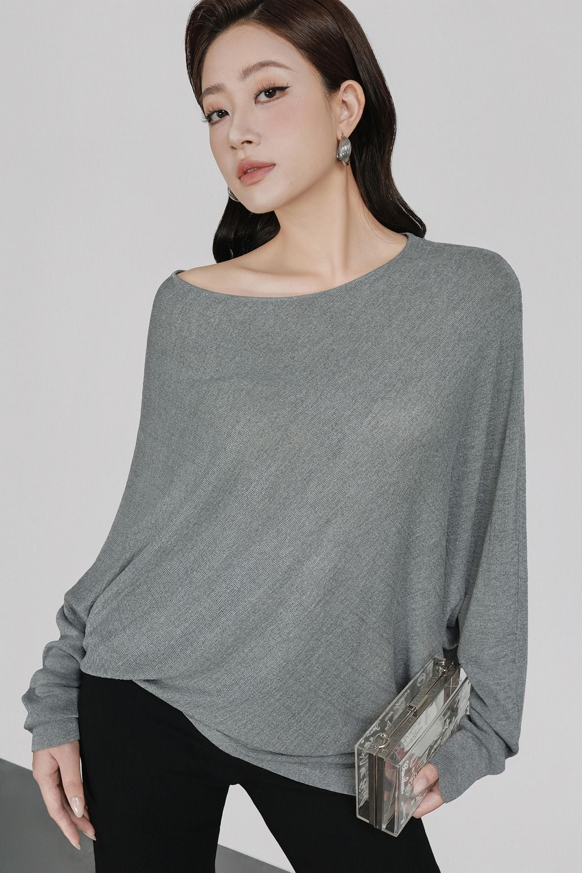 FOL578 - Áo len cao cấp dáng suông cổ thuyền tay cánh dơi tạo kiểu vạt áo bất đối xứng thời trang - PANTIO