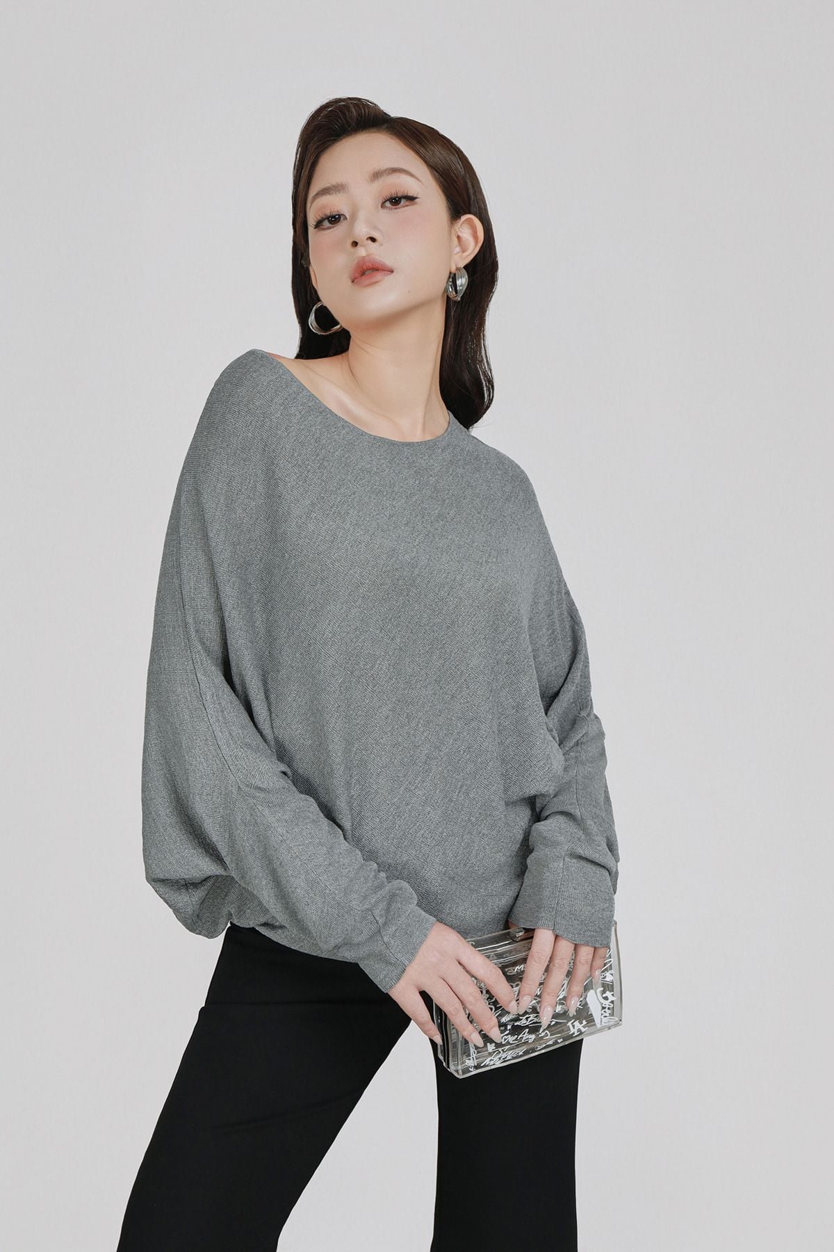 FOL578 - Áo len cao cấp dáng suông cổ thuyền tay cánh dơi tạo kiểu vạt áo bất đối xứng thời trang - PANTIO