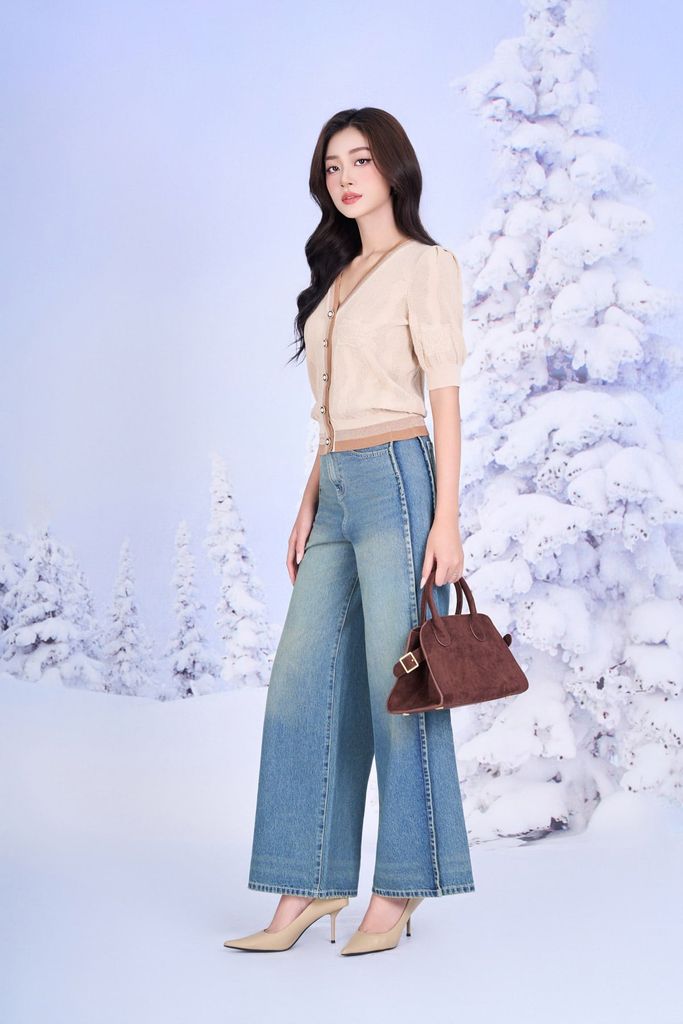 FOL585 - Áo len cao cấp cổ xẻ V tay ngắn phồng nhẹ thân áo đính khuy ngọc thời trang gấu áo bo chun ôm - PANTIO