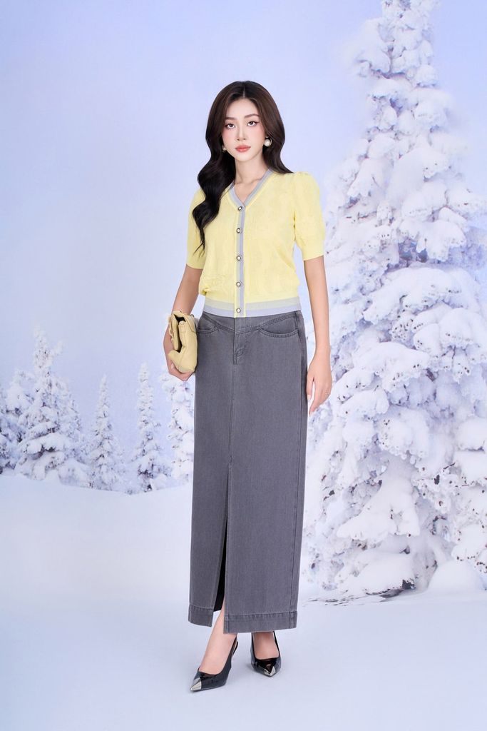 FOL585 - Áo len cao cấp cổ xẻ V tay ngắn phồng nhẹ thân áo đính khuy ngọc thời trang gấu áo bo chun ôm - PANTIO