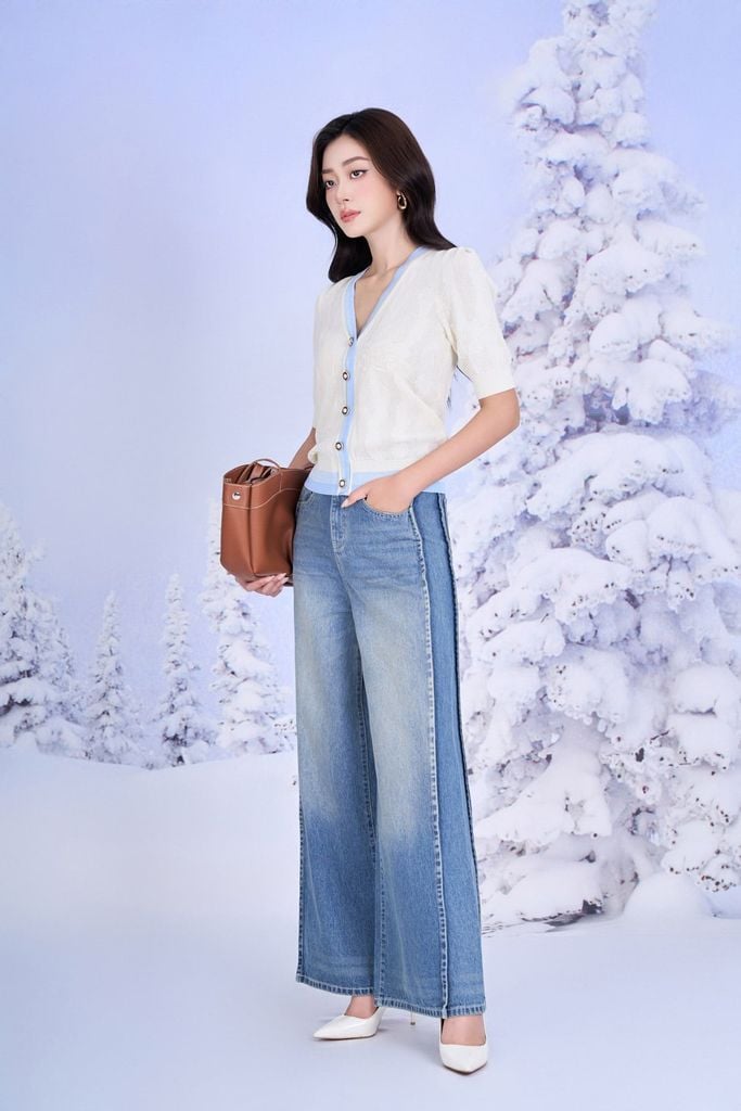 FOL585 - Áo len cao cấp cổ xẻ V tay ngắn phồng nhẹ thân áo đính khuy ngọc thời trang gấu áo bo chun ôm - PANTIO