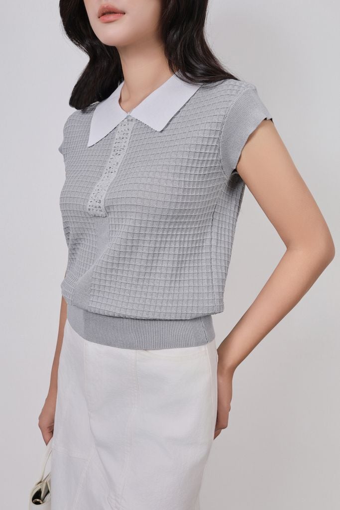 FOL591 - Áo len dệt kim cao cấp dáng suông cổ bẻ tay chờm cổ áo đính đá thời trang gấu áo bo chun ôm tạo kiểu - PANTIO