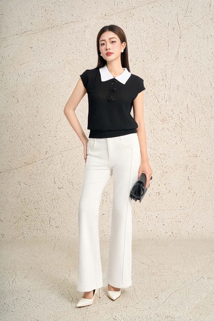 FOL591 - Áo len dệt kim cao cấp dáng suông cổ bẻ tay chờm cổ áo đính đá thời trang gấu áo bo chun ôm tạo kiểu - PANTIO