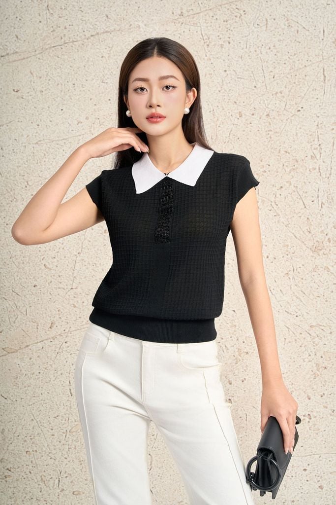 FOL591 - Áo len dệt kim cao cấp dáng suông cổ bẻ tay chờm cổ áo đính đá thời trang gấu áo bo chun ôm tạo kiểu - PANTIO