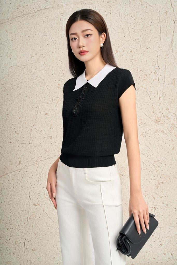 FOL591 - Áo len dệt kim cao cấp dáng suông cổ bẻ tay chờm cổ áo đính đá thời trang gấu áo bo chun ôm tạo kiểu - PANTIO