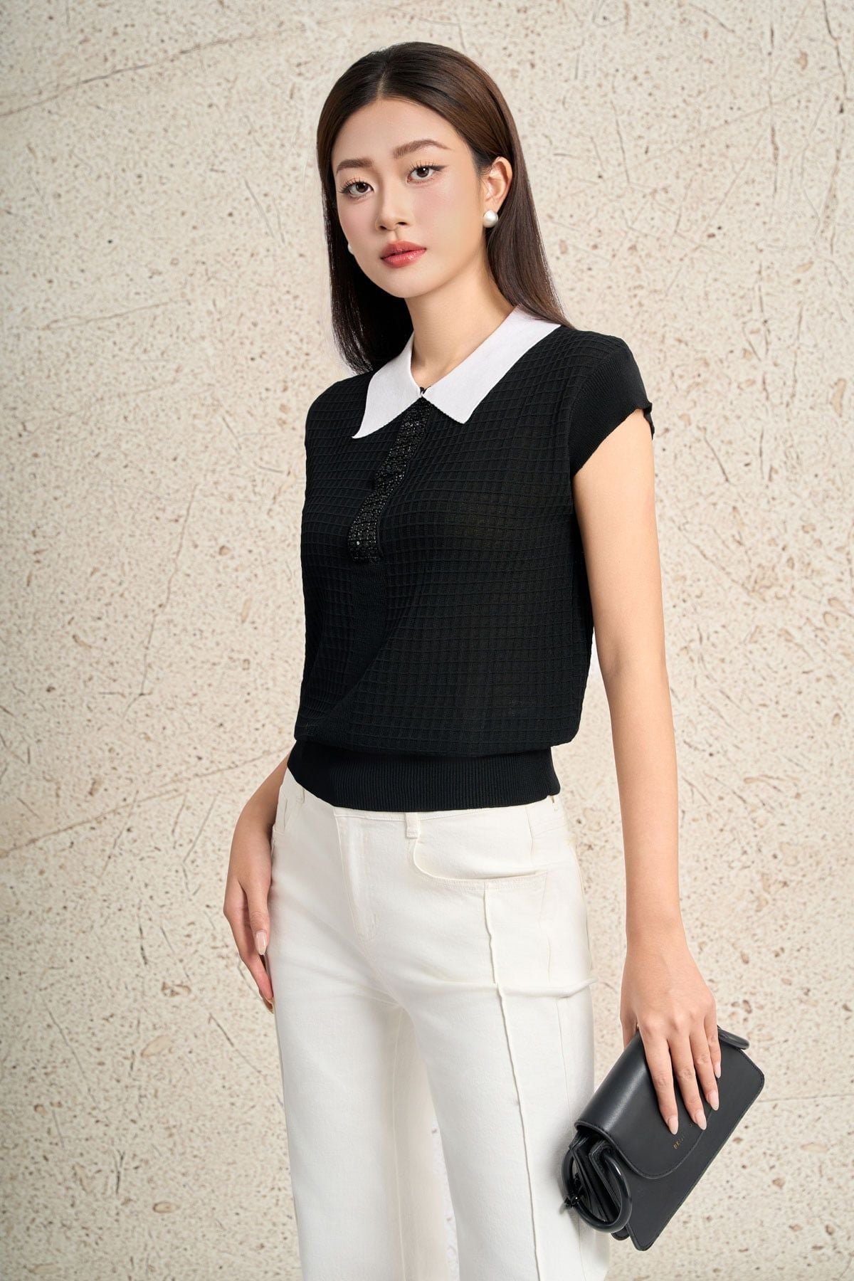 FOL591 - Áo len dệt kim cao cấp dáng suông cổ bẻ tay chờm cổ áo đính đá thời trang gấu áo bo chun ôm tạo kiểu - PANTIO