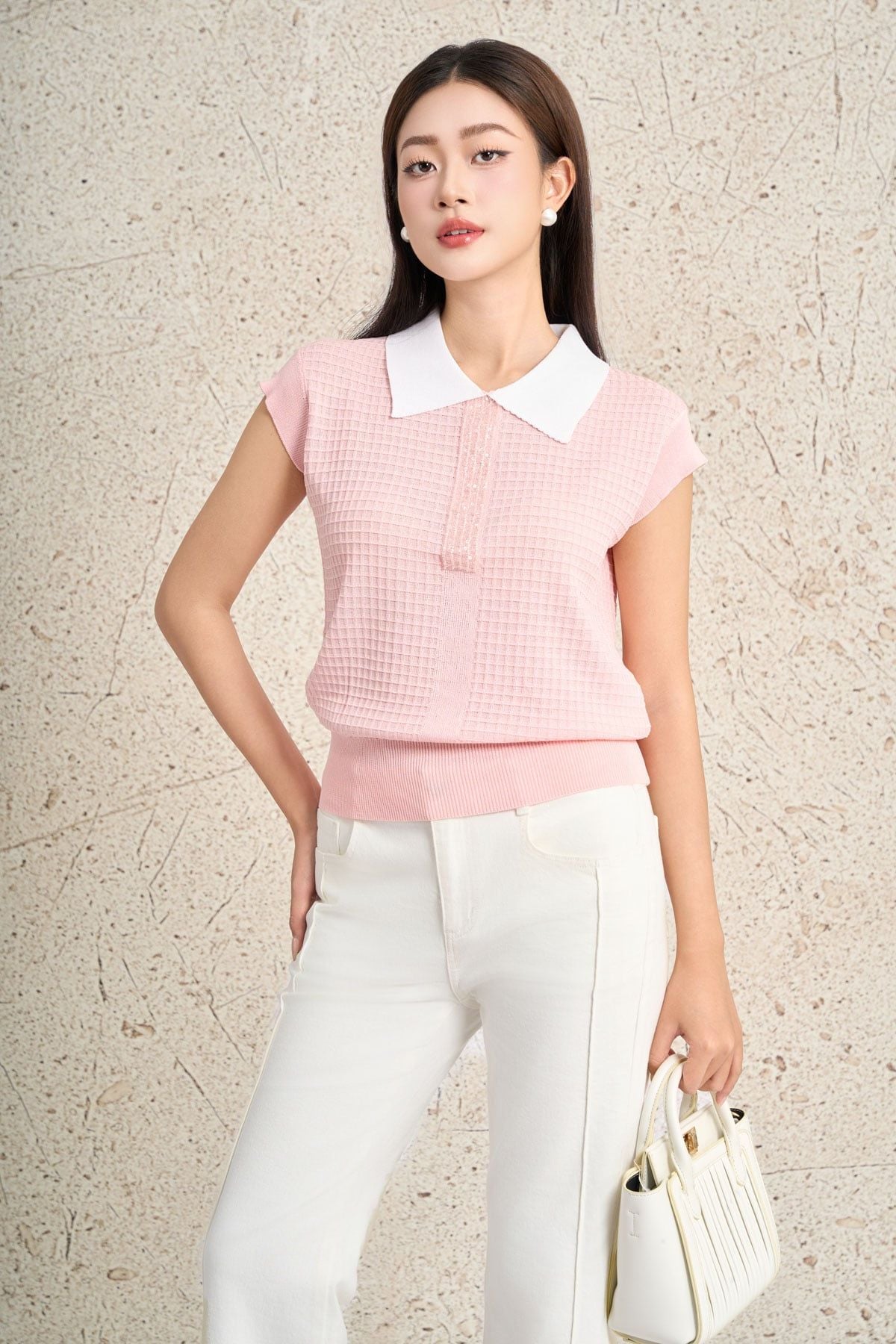 FOL591 - Áo len dệt kim cao cấp dáng suông cổ bẻ tay chờm cổ áo đính đá thời trang gấu áo bo chun ôm tạo kiểu - PANTIO