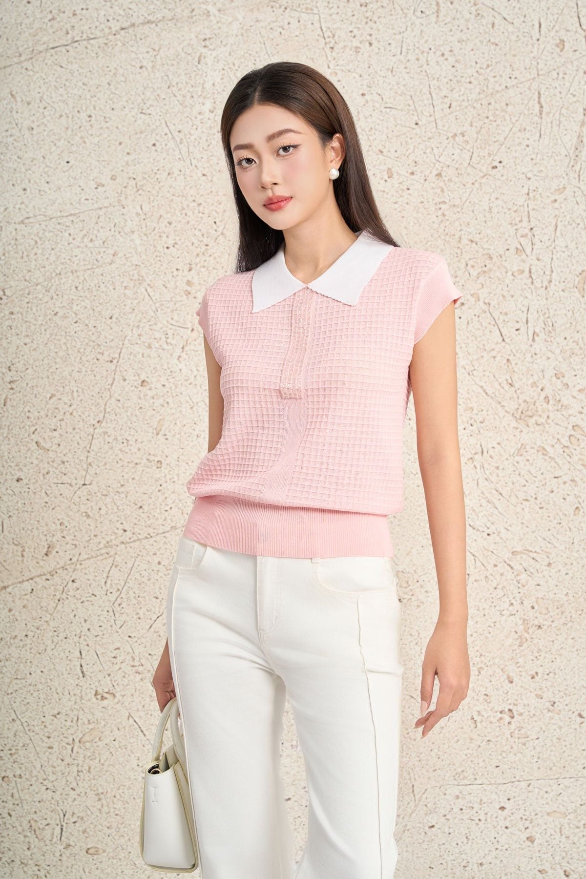 FOL591 - Áo len dệt kim cao cấp dáng suông cổ bẻ tay chờm cổ áo đính đá thời trang gấu áo bo chun ôm tạo kiểu - PANTIO