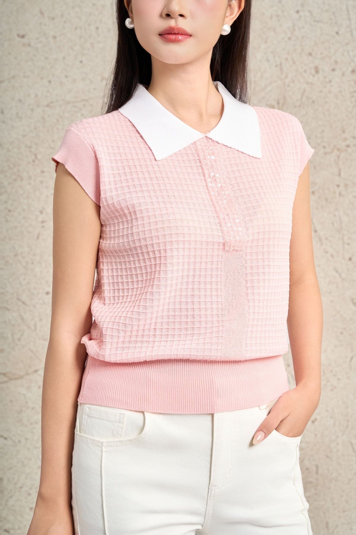 FOL591 - Áo len dệt kim cao cấp dáng suông cổ bẻ tay chờm cổ áo đính đá thời trang gấu áo bo chun ôm tạo kiểu - PANTIO